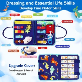 Esjay Toddler Busy Board Montessori Toys for 3+ Years Old, Sensory Board Educational Activities for Learning Fine Motor Skills, Gifts Girls Boys Toddlers, Travel Toys for Airplane Car,Blue Dinosaur