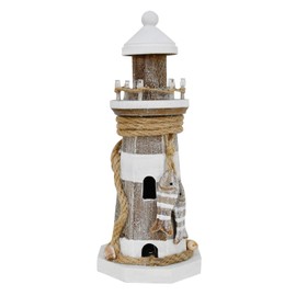 Morning View Lighthouse Decor Nautical Decoration Lighted Wood Light House Figurine Beach House Coastal Decor Table Ocean Seaside Theme Home Decor Lake House Bathroom Shelf Centerpiece 9 Inch (White)