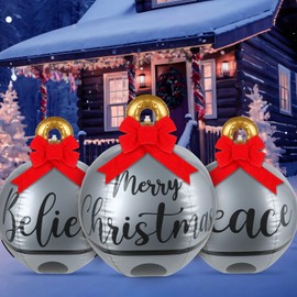 3 Pcs 24 Inch Inflatable Christmas Ball Giant Christmas PVC Decorated Ball Jingle Bell Large Christmas Inflatables Ornaments with Red Ribbon Outdoor Decorations Blow Up Xmas Decor for Yard Garden