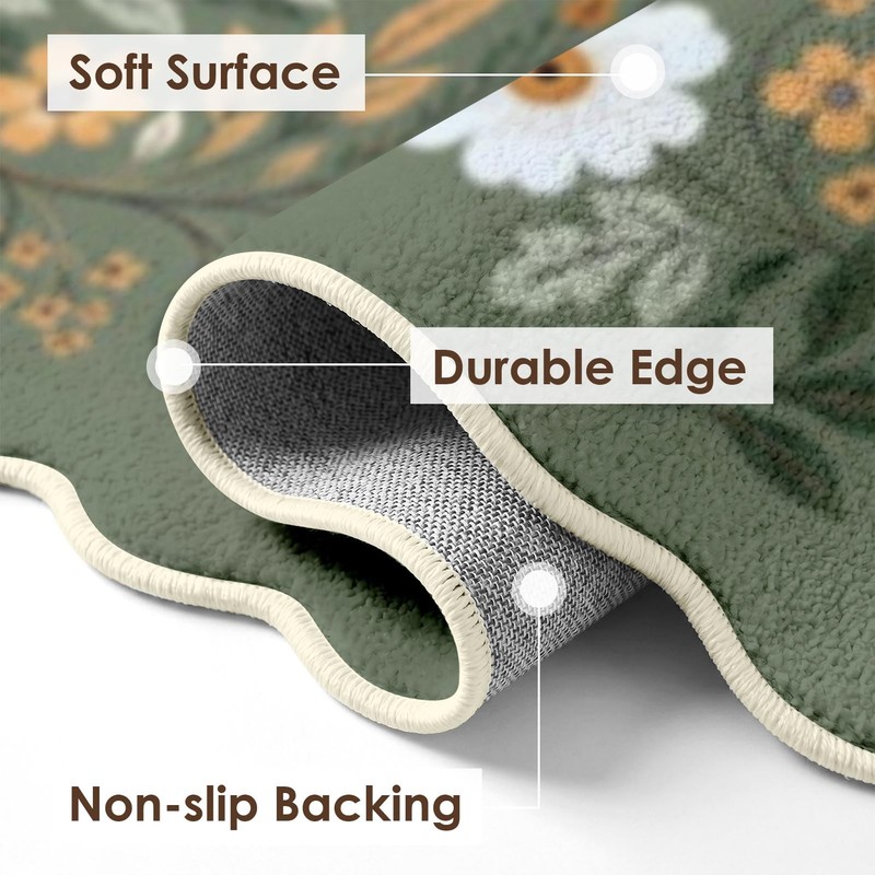 Washable Scalloped Area Rug, Green Floral, 5'x7'