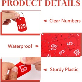 200 etiquetas de números con anillos de plástico, 1 a 200 etiquetas de identificación con números rojas, impermeables, llaveros con números, etiquetas rectangulares para equipaje con números para