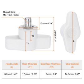 QUARKZMAN Pack of 20 Wing Knobs M6 x 10 mm Thread Plastic T-Pin Knobs T-Thread Handles Hand Clamping Thumb Screws White