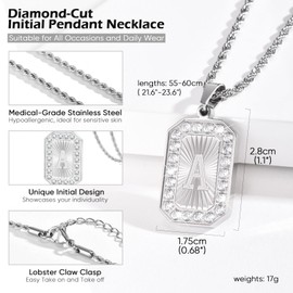 TempBeau Letter Chain Necklace for Men丨 Square Diamond Capital Monogram Pendant K Necklaces with Stainless Steel Link Silver Rope Chain 22+2 Inch,Trendy Name Initial Jewelry Gifts for Men