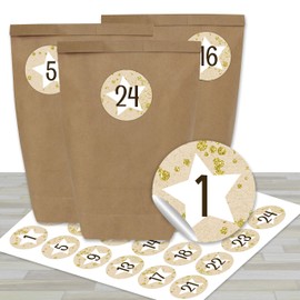 Papierdrachen Adventskalender zum Befüllen - mit 24 braunen Papiertüten und 24 beigen Aufklebern - zum Selbermachen und Basteln - Mini Set Nr 18 - Weihnachtskalender für Kinder
