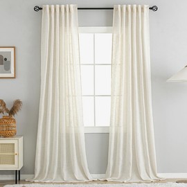 VOILYBIRD Natural Thick Linen Curtains 96 Inches Long for Living Room, Rustic Farmhouse Drapes Light Filtering Semi Sheer, Back Tab & Rod Pocket, 52x96, 2 Panels