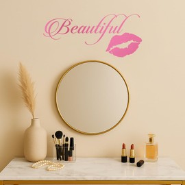 Beautiful Gold Lips Vinyl Wall Decal – Glam Room or Salon Decor, Elegant Script Wall Sticker, Beauty Quote Mirror Decal for Vanity or Bedroom 2144ig (M 15.5 in X 35 in)
