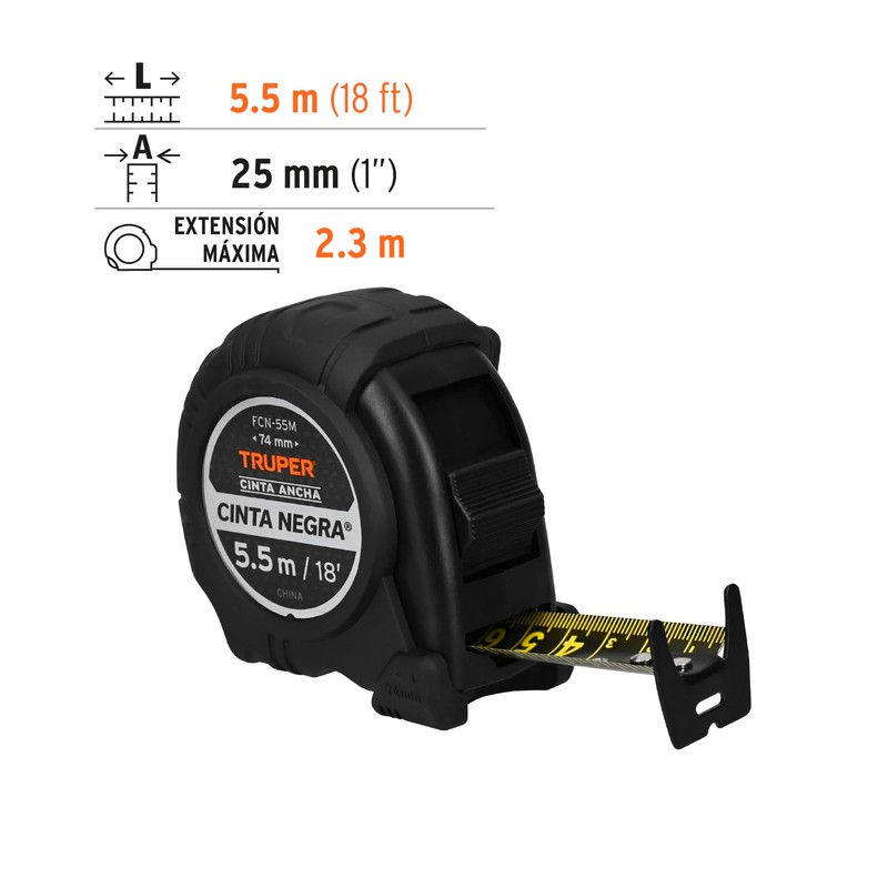 Truper FCN-55M, Flexómetro contra impactos 5.5 m, Cinta Negra 25