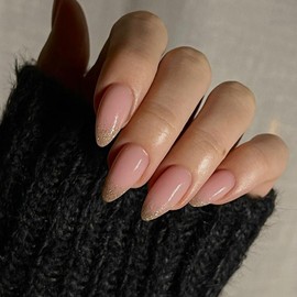 KQueenest Glitter French Press on Nails Medium Almond, Natural Ombre Pink Fake Nails Press On Luxury, Sparkling Gradient Pink Acrylic Nails French Stick On Nails for Finger Decoration