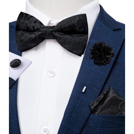 DiBanGu Black Mens Bow Tie Set Paisley Pretied Bow Tie with Lapel Pin Pocket Square Cufflinks Silk Bowtie Wedding Bussiness