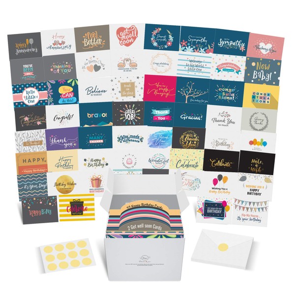 Dessie Greeting Cards Assortment, Unique Assorted Cards for All Occasions with Greetings Inside, Card Organizer Envelopes and Gold Seals, 60 Large Cards