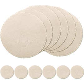 wiipara Round Woven Placemats Set of 6, 34 cm Kitchen Coffee Table Mats with Coasters Heat Resistant Wipeable Table Placemats for Dining Table, Home, Restaurant, Hotel, Cafes (Apricot)