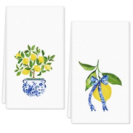 FYSUIMU Lemon Kitchen Dish Towel 18 x 28 Blue Yellow Lemon Dishcloth Spring Summer Decorative Hand Drying Tea Towel for Cooking Baking Cleaning, 2Pcs