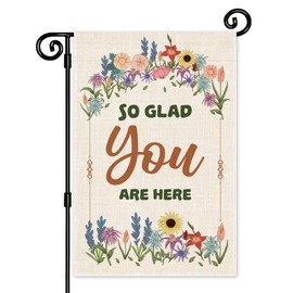 JMYROG So Glad You Are Here Garden Flag, Double Sided Yard Outdoor Farmhouse Lawn Porch Decor, Wedding Welcome Sign Flag, Wedding Party Decor Flag, Housewarming Gifts for Women Hostess Friend BFF
