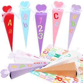 DPKOW Pack of 32 School Cone Sibling Bags First Day of School Sibling School Cone Small School Cone Boys Girls Sugar Bag for Filling Gift Boxes DIY Foldable School Cone, with Stickers Ribbon