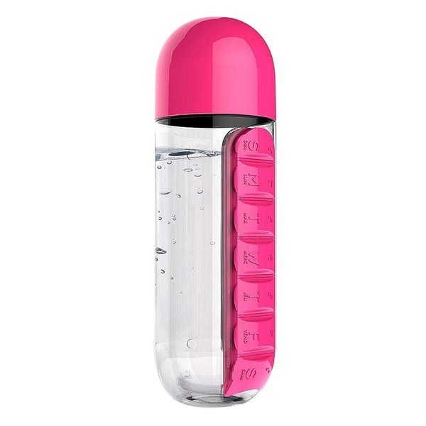 Calayu 2 in 1 Water Bottle with Pill Box, Leak-Proof 600 ml Water Bottle with 7 Days Pill Box, Portable Travel Medicine Cases Container