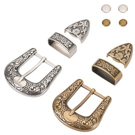 BENECREAT 2 Set Gold Silver Western Cowboy Buckle Set, Alloy Belt Buckle Set Caving Vintage Belt Buck Set for Replacement Men Women Belt, 53x55mm