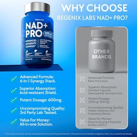 Suplemento NAD de 600 mg para hombres y mujeres con resveratrol, CoQ10, PQQ, TMG y Apigenina - Complejo de energía celular y longevidad 6 en 1 - Cápsu