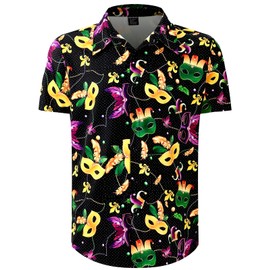 Mens Mardi Gras Shirt Button Down Collar Tops Mask Fleur De Lis Beads Jester Hat Printed Clothes, Black, XXX-Large