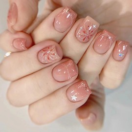 Nail Tips, 24 Pieces, Nail Tips, Short, Spring and Summer Nails, Popular, Japanese Style, Cute, Firework Pattern, Glitter, Shiny, False Nails, Brides, Nails, Fashion, Fireworks Festival, Coming of Age