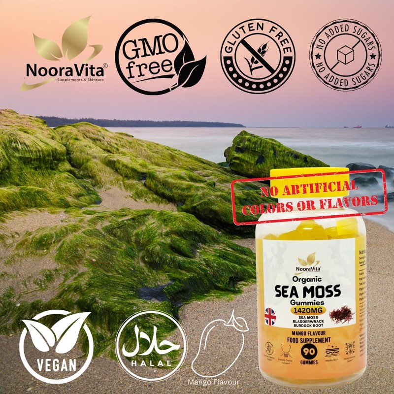 NooraVita Organic Sea Moss Gummies, 1420mg with Bladderwrack and Burdock