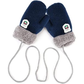AVJERA 1-3 Years Baby Winter Gloves Kids Knitted Mittens Warm Thickened Children's Gloves Mittens with Cord Outdoor Soft Winter Gloves Ski Gloves Hand Warmer for Boys Girls, darkblue