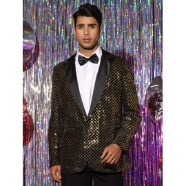 Lars Amadeus Sequin Blazer for Men's Peak Lapel Prom Party Shining Plaid Sports Coat Black Golden M