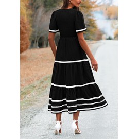 PRETTYGARDEN Women's Casual Summer Maxi Dress Short Sleeve Swiss Dot V Neck Smocked Long Flowy Beach Dresses (Black,Small)