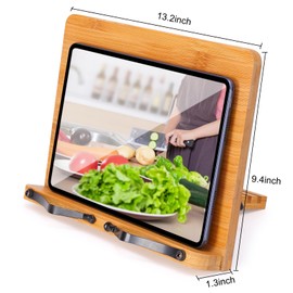 MEGREZ Bamboo Book Stand 13.2 x 9.4 inch, Foldable Cookbook Holder with 6 Adjustable Height, Reading Book Holder for Recipe, Music Book, Textbook, Tablet Stand, Rose