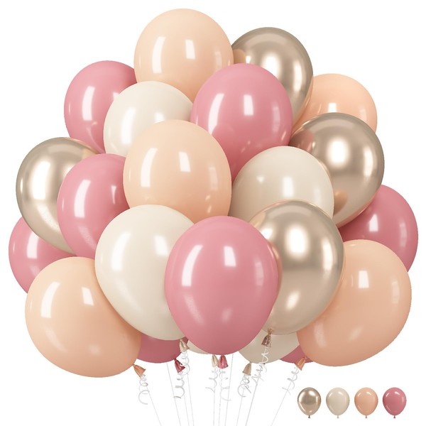 Retro Pink Balloons, 12 Inch Balloons Dusty Pink Beige Metallic Rose Gold Apricot Latex Balloons Party Decoration with Ribbon for Girls Boho Birthday Wedding Baby Shower