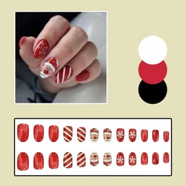 Christmas Press on Nails Short Almond Red Fake Nails with Santa Claus Design White Snowflake False Nails Glossy Acrylic Nails Red Full Cover Glue on Nails Stick on Nails for Women and Girls