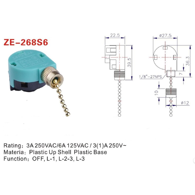 Geettcaifu 1 Pcs ZE-268S6 Ceiling Fan Light Pull Chain Switch,