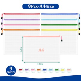 VVCOIIROEI 9pcs A4 Mesh Zipper Pouch Bags, 9 Colors, PVC Material, Reusable, Transparent, Zip Closure, Perfect for Toy Storage, Office Organization