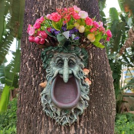 JHP Big Mouth Old Man Tree Face Sculpture, Flower Planter Pot Hand-Painted Greenman Tree Peeker Bird Feeder Garden Decor and Yard Art. -10'' H