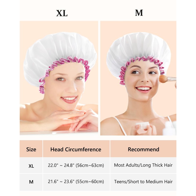 mikimini White Shower Cap Waterproof Reusable, Double Layers Bathing Hair
