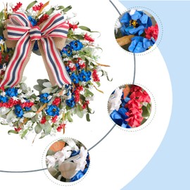 Egolot 24 Inch Patriotic Red White Blue Flowers Wreath for Front Door, Forth of July Lamb Ears Leaves Wreath for Inside and Outside, Memorial Day Independence Day Burlap Bow Wreath for Home Decor