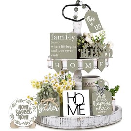 Auch Farmhouse Tiered Tray Decor Wood Sign Rustic Home Sweet Home Simply Blessed This is Us Wooden Beads Tray Decorations Set for Home Kitchen Table Shelf