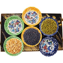 HeraCraft 6pcs Hand Painted Turkish Ceramic Snack Bowls - 3.35''/8.5cm-74ml/2.5 oz - Mix Color Decorative Design Multi-Purpose (Ship)