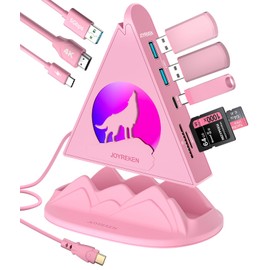 JoyReken Wolf USB-C Hub, 8-in-1 USBC Hub with 4K@30Hz HDMI, 100W PD Charging, 5Gbps USB-C & 3 USB-A Data Ports, SD/microSD Card Slots, with Base-Stand Pink