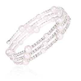 Rhinestone Crystal Pearl Open Bangle Bracelet 3-Row Pearl Bracelet for Women Full Tennis Chain Cuff Bracelet Layered Gift for Women Brides (Sliver)