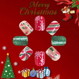 Christmas Holly Press on Nails Glossy Green Glitter Curve Line False Nails Short Square Snowflake Fake Nails Gel Glue on Nails Christmas Tree Stick on Nails for New Years Gifts 24 Pcs Merry Christmas