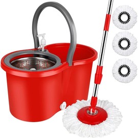 Spin Mop and Bucket with Wringer Set, 360° Mop Bucket System with 3 Microfiber Mop Replacement Heads and 61" Stainless Steel for Floor Cleaning:_RED