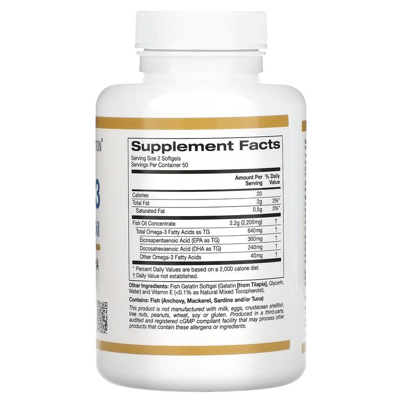 California Gold Nutrition Omega-3 Premium Fish Oil, 100 Fish Gelatin