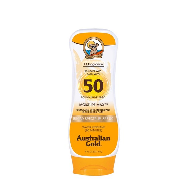 Australian Gold Sunscreen Lotion SPF 50, 8 Ounce | Moisture Max | Infused with Aloe Vera | Broad Spectrum | Water Resistant