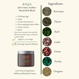 Cameler Spice Co | Baqa | Mixed herb | All purpose seasoning | 13th Century Arabic | Italian seasoning | Greek seasoning | Garlic Powder | Parsley | Onion Powder | Oregano | Basil | Thyme | Rosemary|