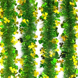 St Patricks Day Decor Green and Gold Tinsel Garland Glitter Shamrock Hat Hanging Garland for Outdoor Indoor Home Irish St Patrick’s Day Decorations 33FT