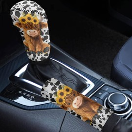 HUISEFOR Highland Cow Car Gear Shift Cover & Handbrake Cover Set of 2 Easy to Install Car Gear Shift Hand Brake Cover Protector Replacemment Auto Interior Sets for SUV Vehicle Sedan Truck