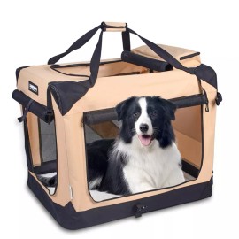 JESPET Soft Pet Crates 3 Door Soft Sided Folding Pet Carrier, Beige, 36"L