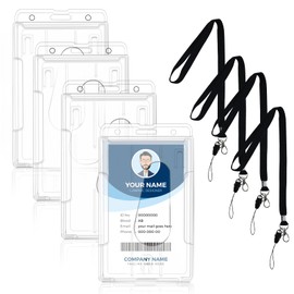 Pack of 4 ID Card Holders, Transparent Card Holders with Lanyard, Hard Plastic ID Case with Two Compartments for Bus Ticket, Student ID, ID Cards (Vertical)