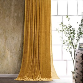 HiEnd Accents Stella Faux Silk Velvet Window Curtains, Rod Pocket Drapes, 48x108 inch, Saffron, Romantic Western Modern Traditional Style Bedroom