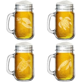 16oz Mason Jar Glass Mug w/Handle Gift Set of 4 Sea Turtle Collection